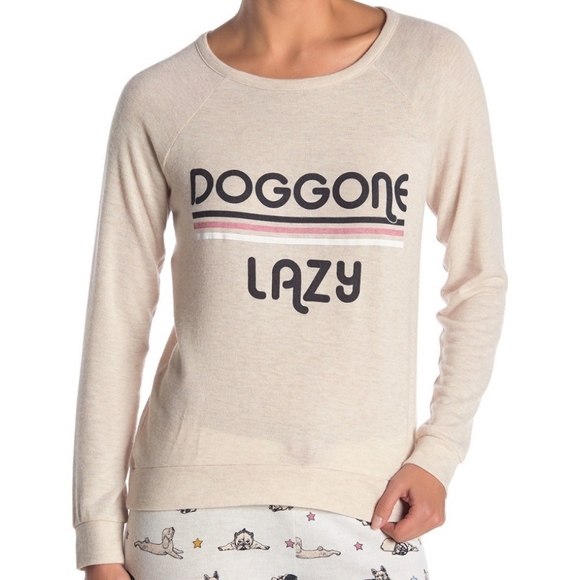 PJ Salvage Doggone Lazy Print Lounge Pullover Long Raglan Sleeve Oatmeal M NWT - Picture 2 of 8
